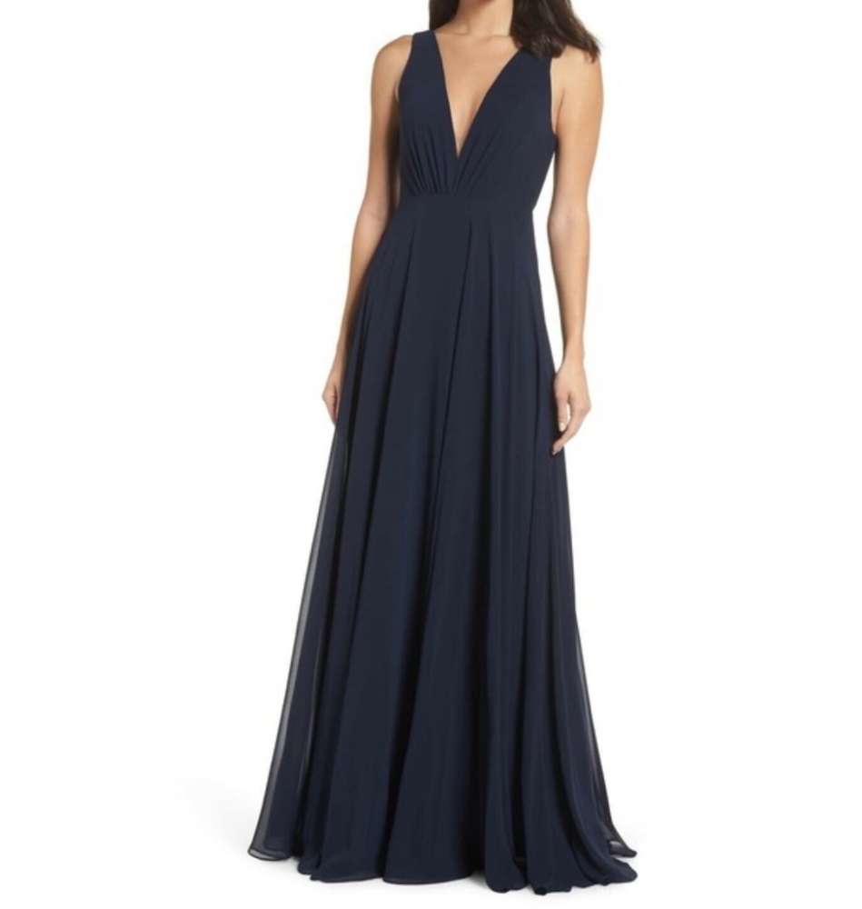 New Jenny Yoo Navy Ryan Illusion Neck Chiffon Gown Formal